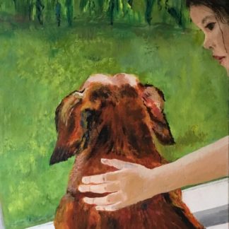 Gravhund og pige er et akrylmaleri på lærrred